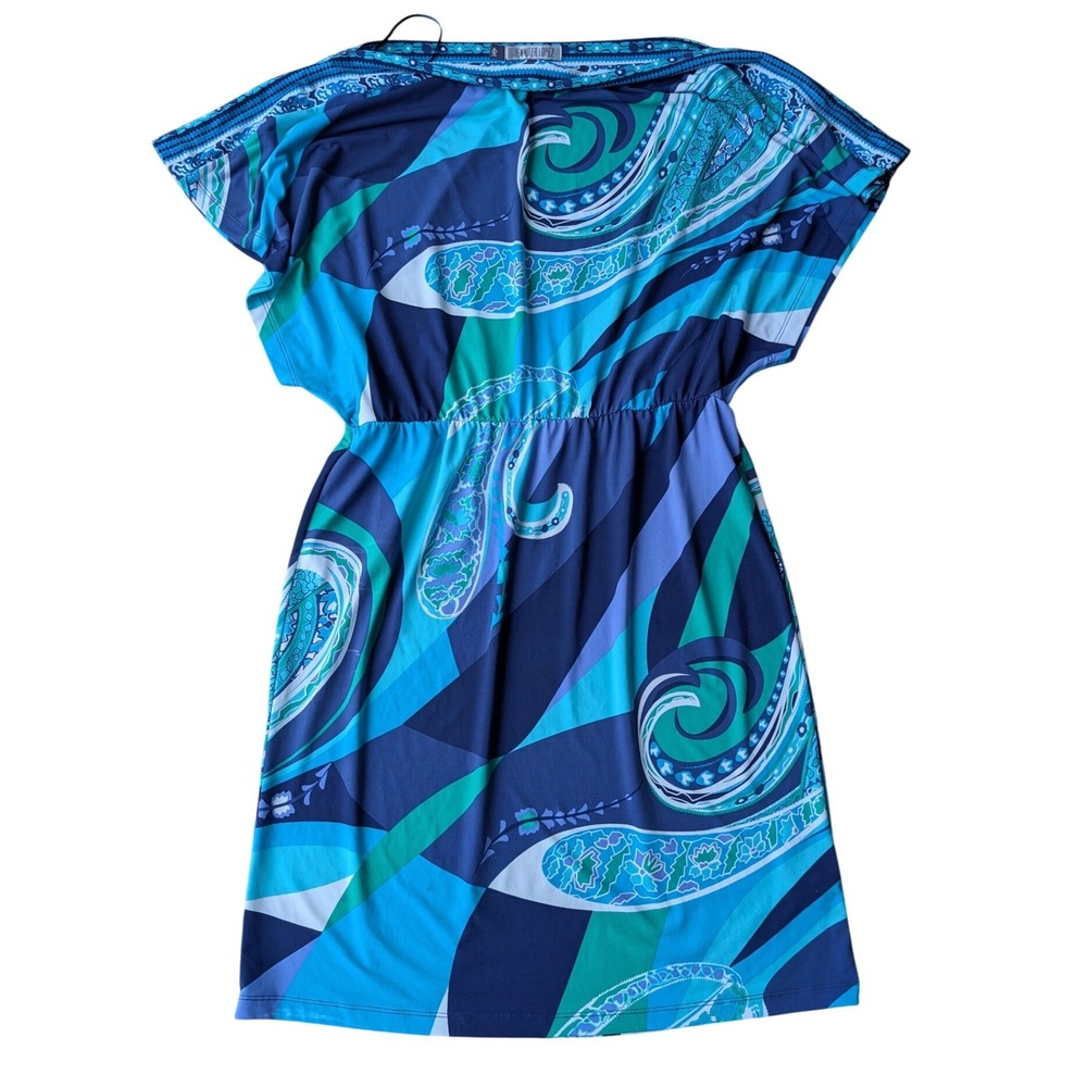 Jennifer Lopez Blue Green Paisley Boat Neck Mini‎ Dress Elastic Waist Womens M